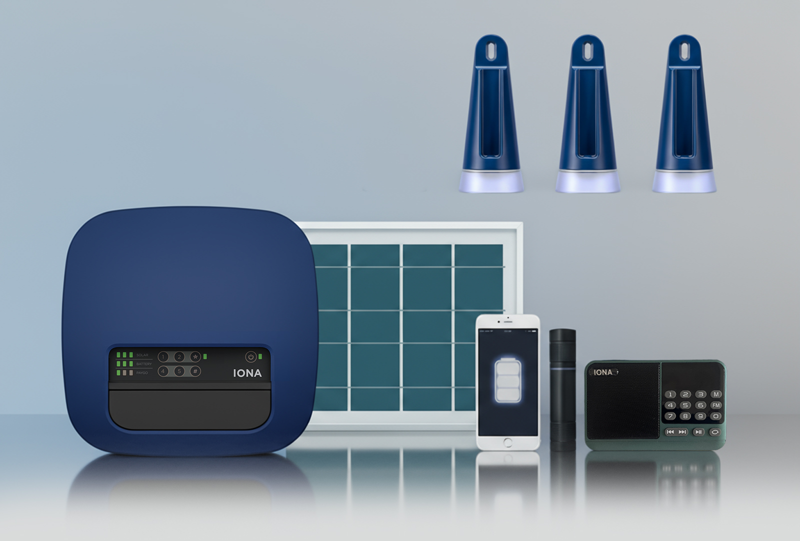 The IONA HOME MAX 200, a VeraSol certified solar home system with 3 lights and an LFP+ battery.