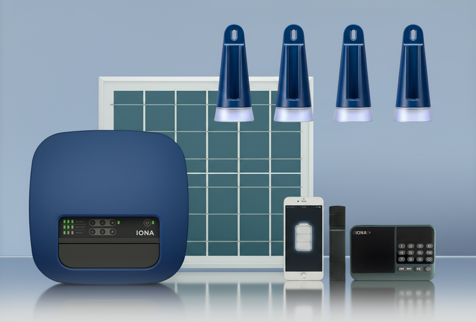 The IONA HOME MAX 500, a powerful VeraSol certified solar home system with 4 lights and an LFP+ battery.