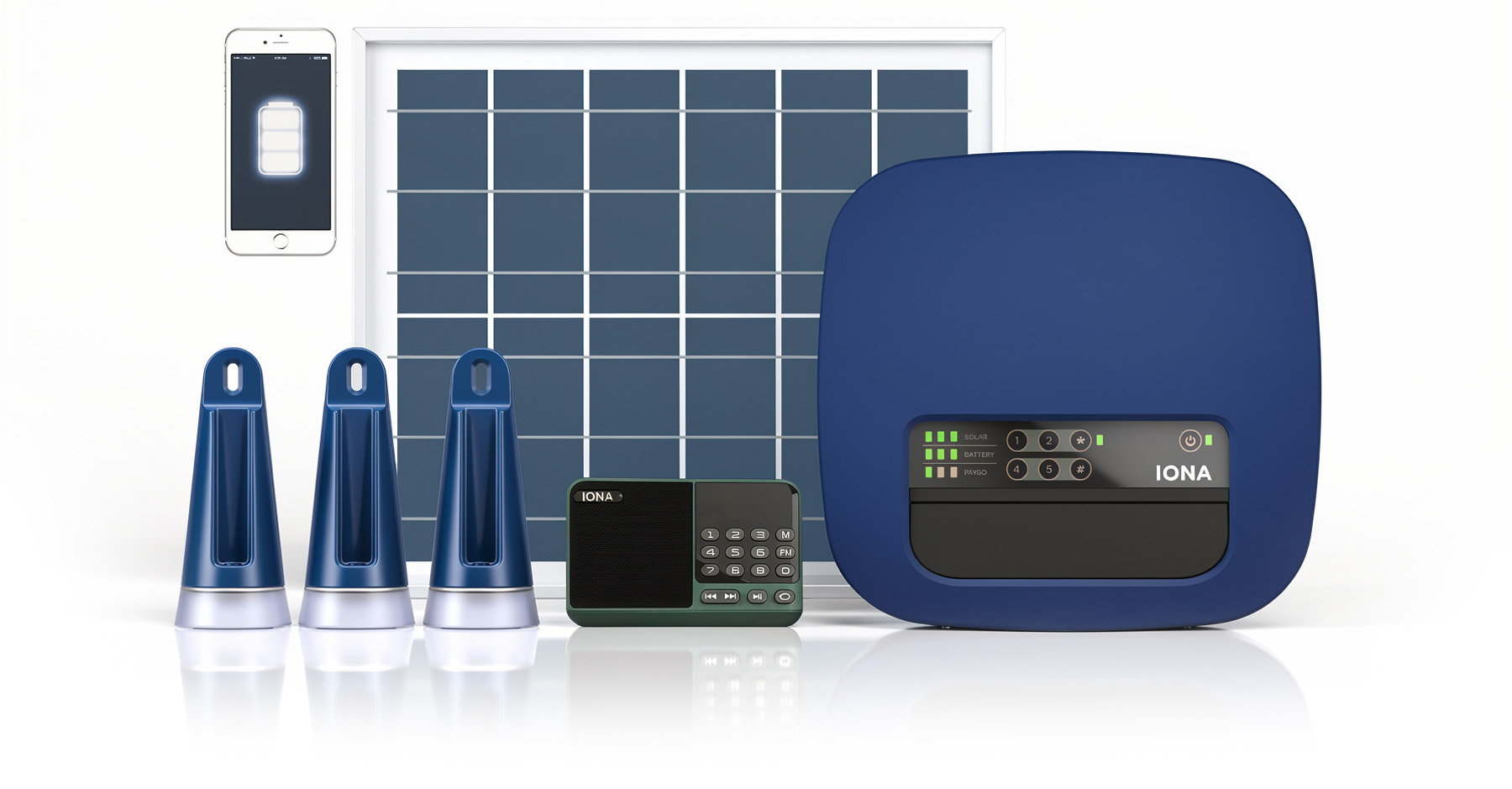 HOME MAX 200 solar home system with solar panel, control unit and three LED lamps